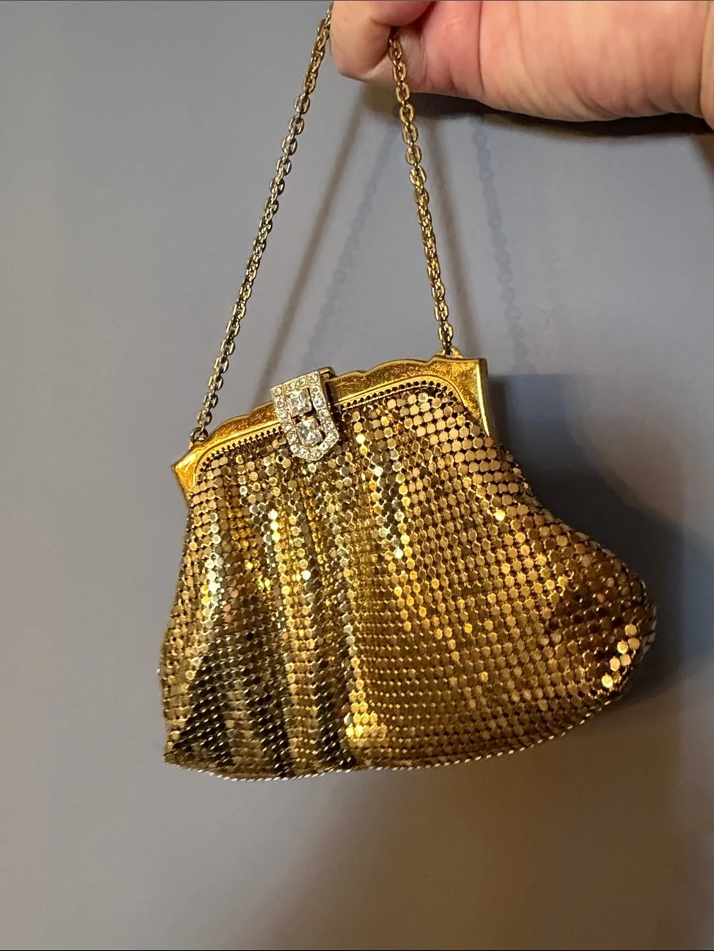 Whiting & Davis Vintage Gold Mesh Evening Clutch with Rhinestone Clasp